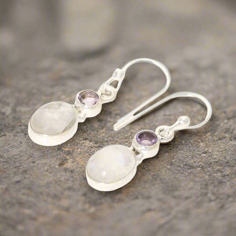 Moonstone & Amethyst Sterling Silver Earrings - Tranquility & Healing