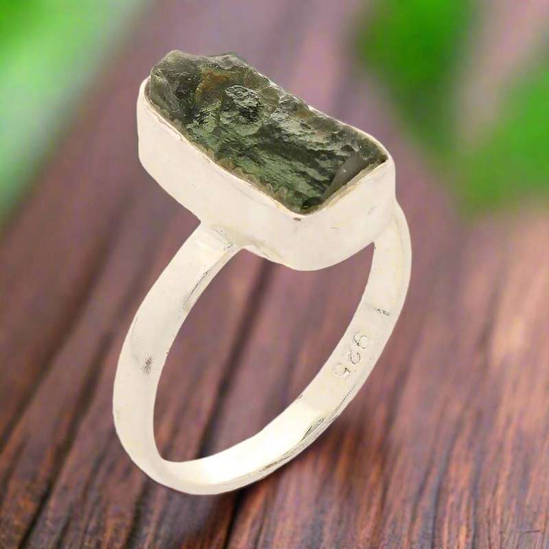 Cosmic Embrace: Sterling Silver Moldavite Ring