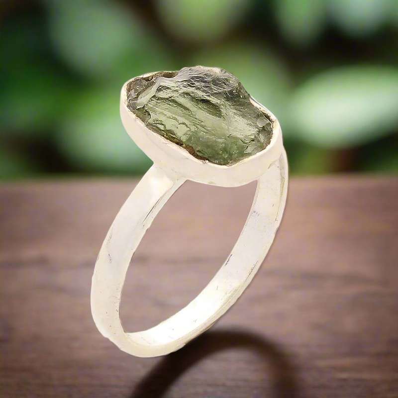 Cosmic Embrace: Sterling Silver Moldavite Ring