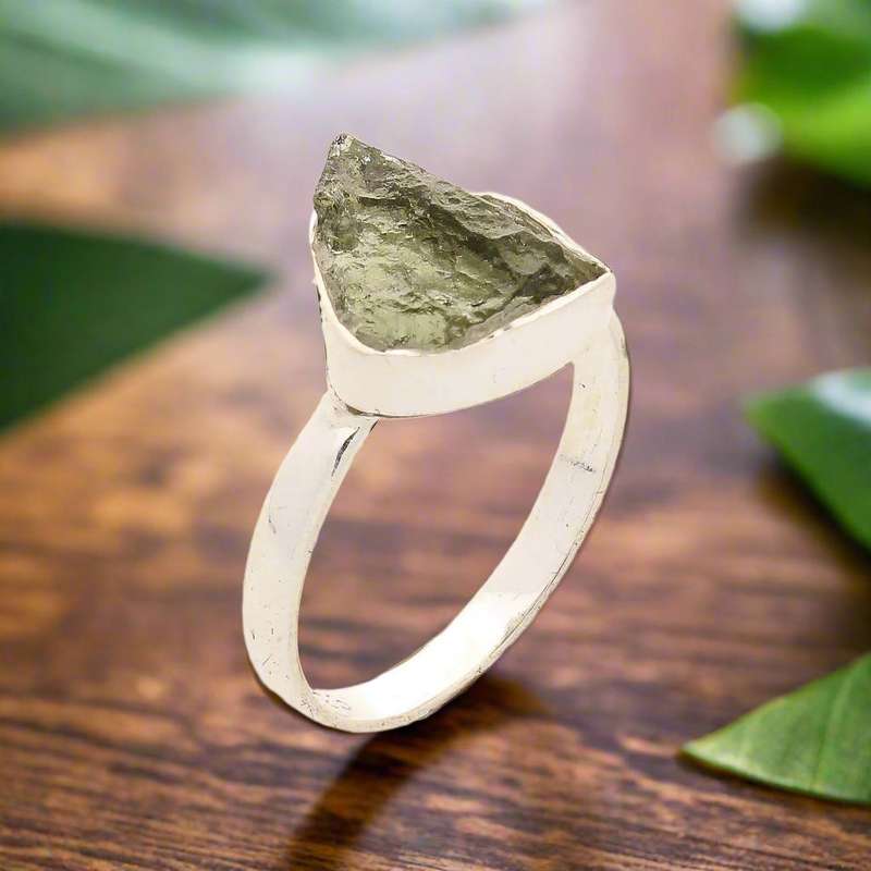 Cosmic Embrace: Sterling Silver Moldavite Ring
