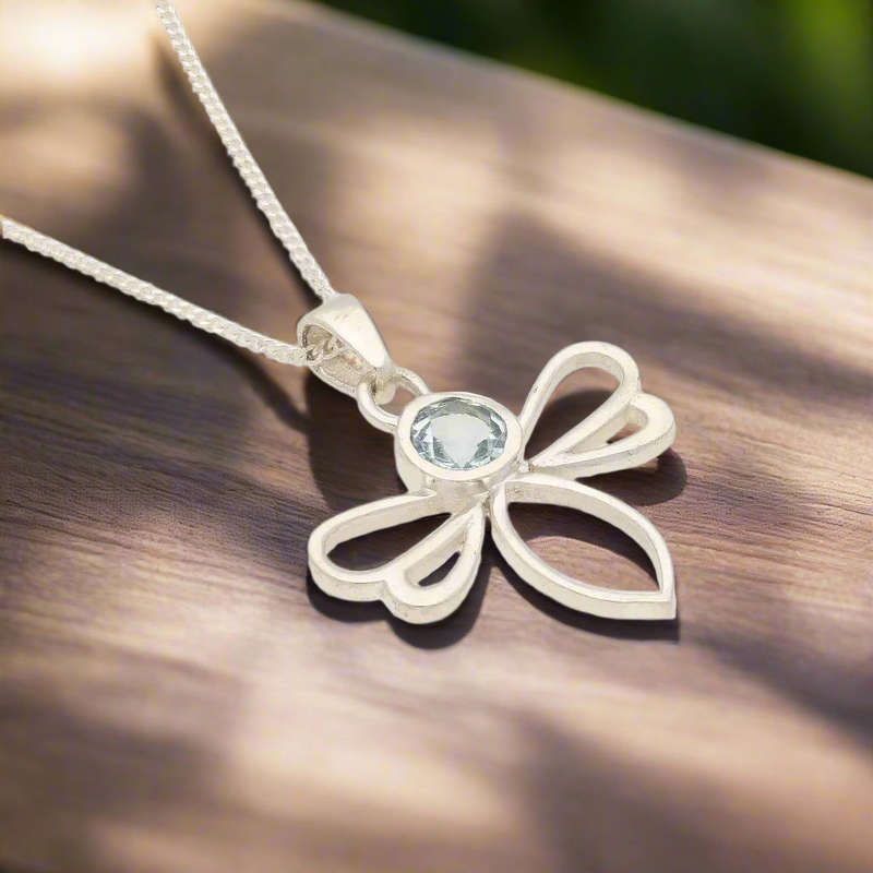 Blue Topaz Bee Pendant in Sterling Silver - Wings of Light