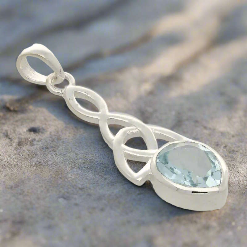 Blue Topaz Teardrop Sterling Silver Pendant - The Trinity Knot