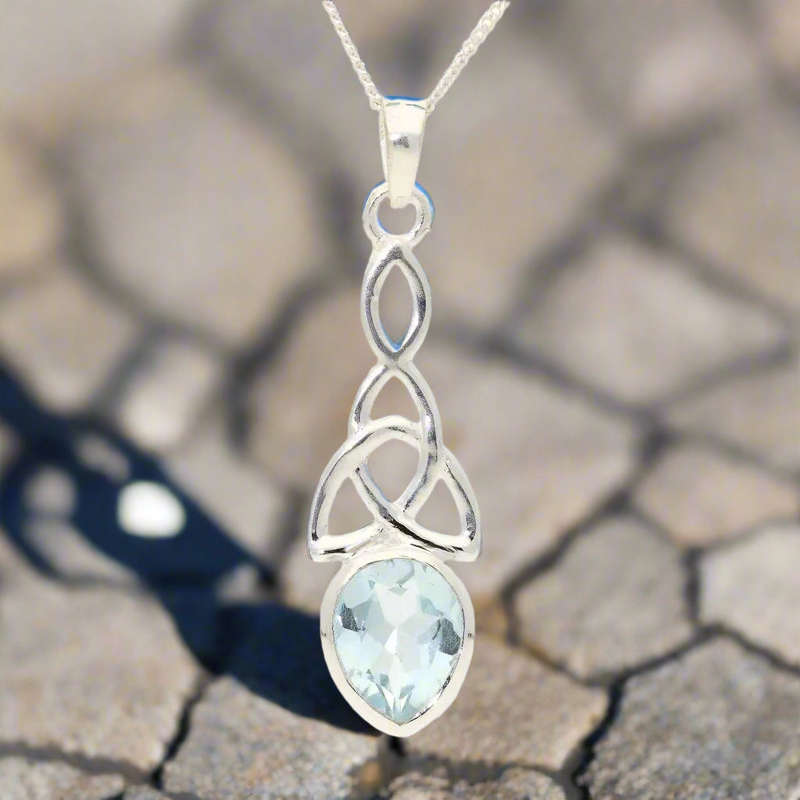 Blue Topaz Teardrop Sterling Silver Pendant - The Trinity Knot