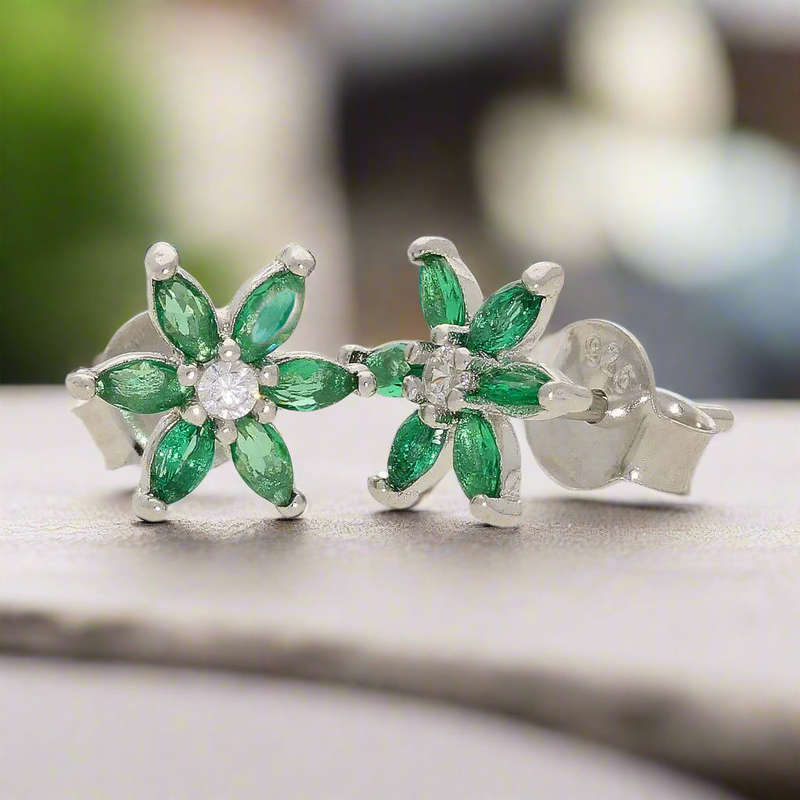 Emerald Bloom Delight: CZ Silver Studs