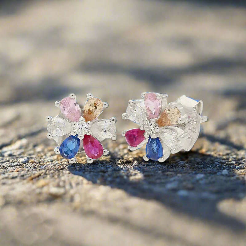 Blooming Brilliance: Your Multi-Color CZ Flower Stud Earrings!
