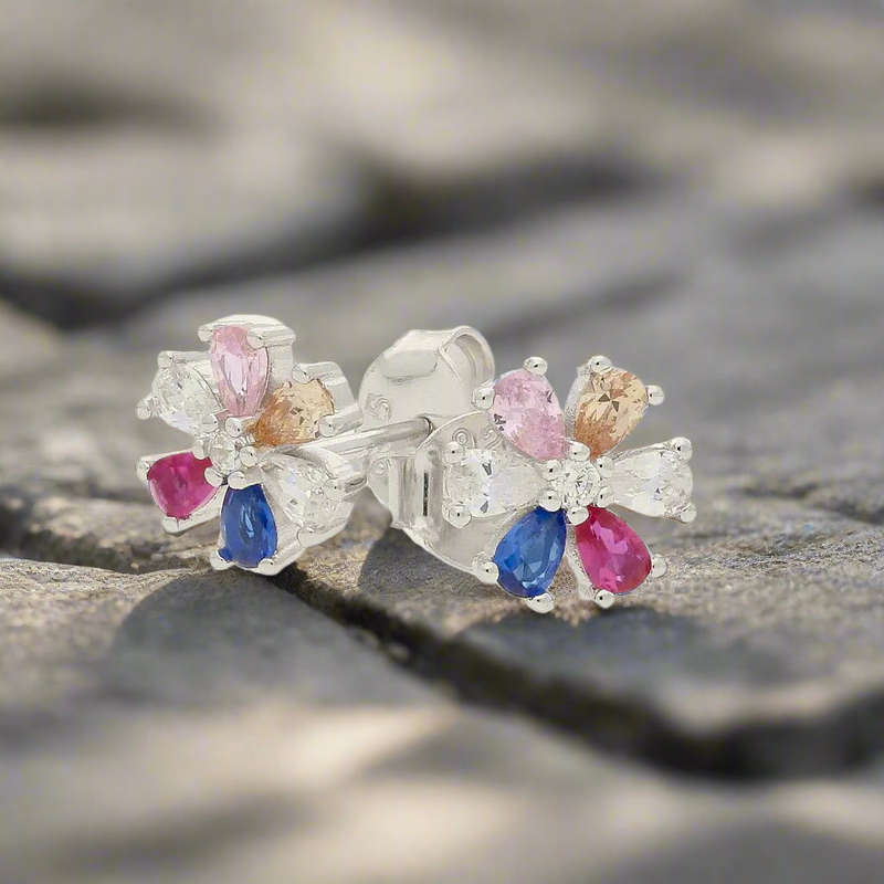Blooming Brilliance: Your Multi-Color CZ Flower Stud Earrings!