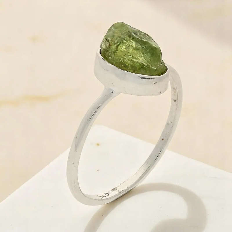 Rough Peridot Sterling Silver Ring - Green Muse
