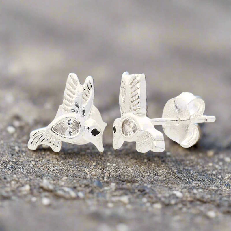 Crystal Wings & Silver Things - Sterling Silver Hummingbird Earrings