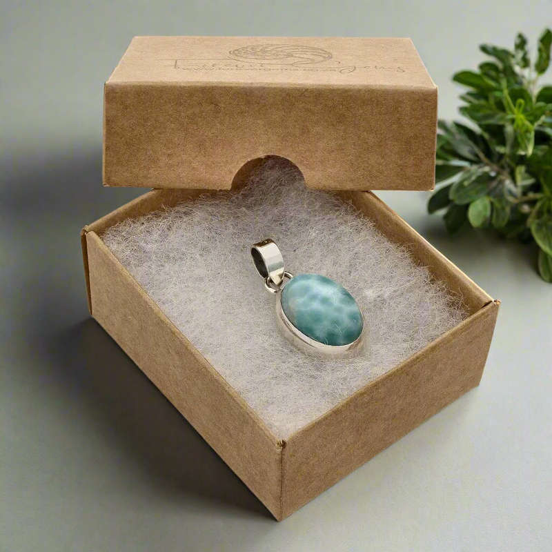 Caribbean Serenity Sterling Silver Larimar Oval Pendant - Dominican Republic Ocean Stone Jewelry