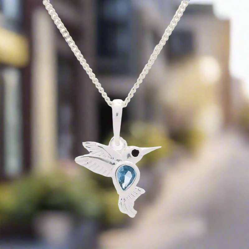 Blue Cubic Zirconia Hummingbird Necklace - Soaring Dreams