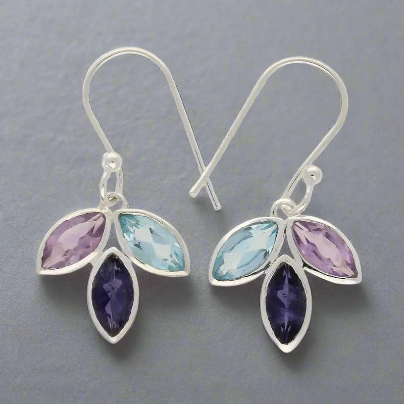 Shimmering Leaf: Amethyst, Blue Topaz & Iolite Earrings