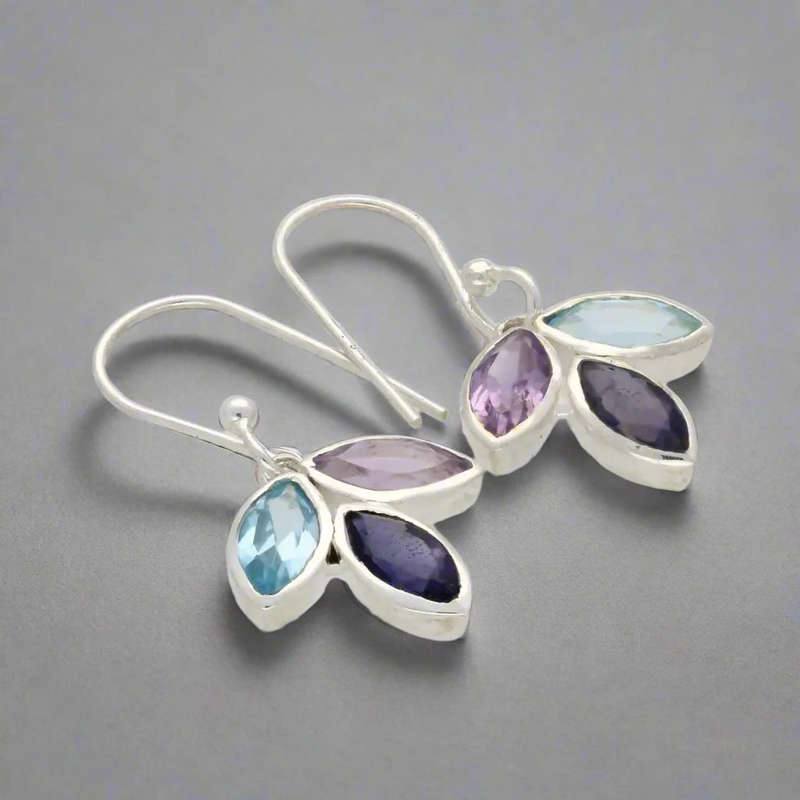 Shimmering Leaf: Amethyst, Blue Topaz & Iolite Earrings