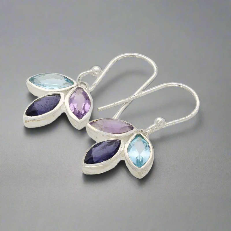Shimmering Leaf: Amethyst, Blue Topaz & Iolite Earrings