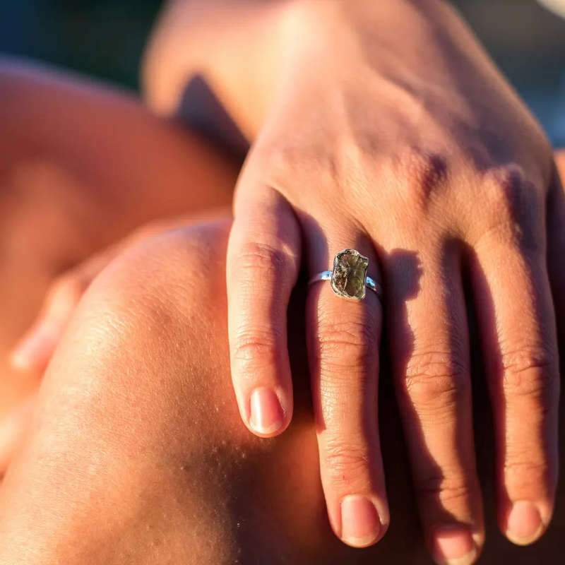 Cosmic Embrace: Sterling Silver Moldavite Ring