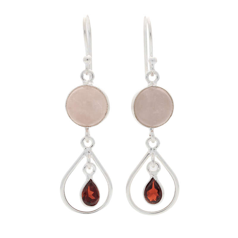 Gem Duets: Rose Quartz & Garnet Sterling Silver Earrings