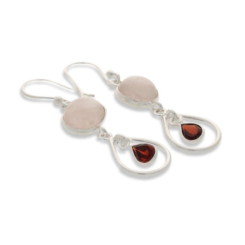 Gem Duets: Rose Quartz & Garnet Sterling Silver Earrings