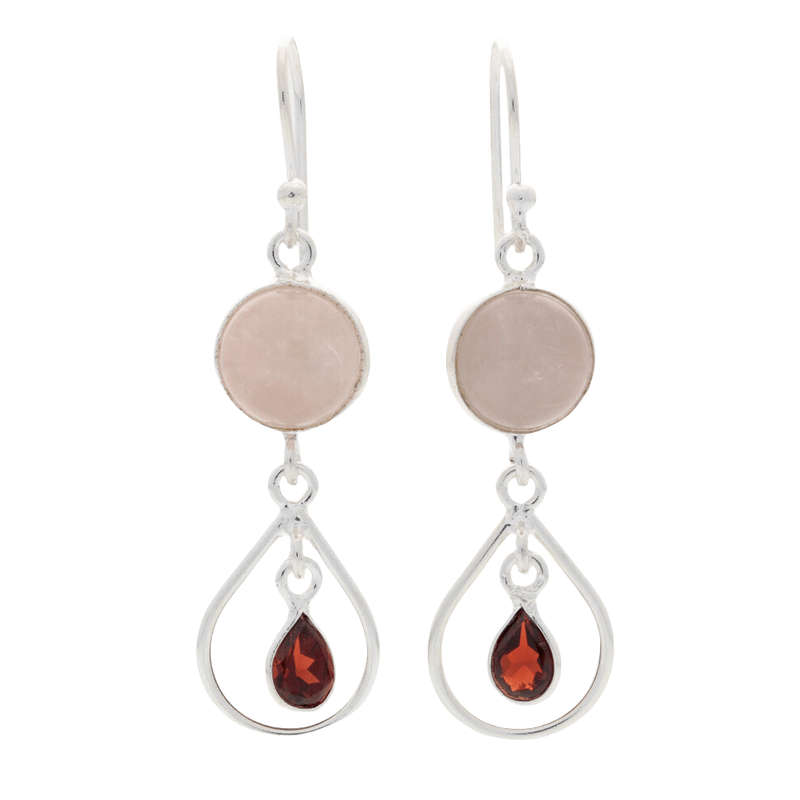 Gem Duets: Rose Quartz & Garnet Sterling Silver Earrings