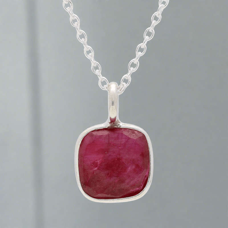 Vibrant Love  Rubellite Square Necklace in Sterling Silver