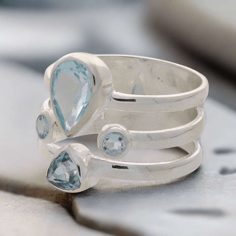 Triple Band Sterling Silver Ring with Cascading Blue Topaz Quartet