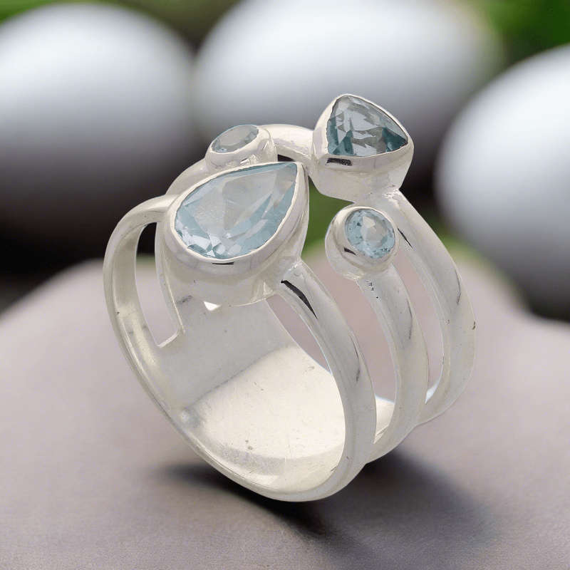 Triple Band Sterling Silver Ring with Cascading Blue Topaz Quartet
