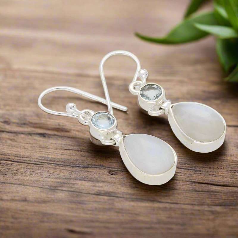 Twinkle and Shine: Rainbow Moonstone & Blue Topaz Earrings