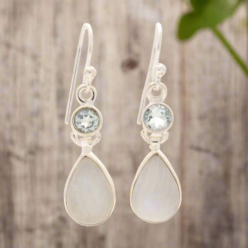 Twinkle and Shine: Rainbow Moonstone & Blue Topaz Earrings