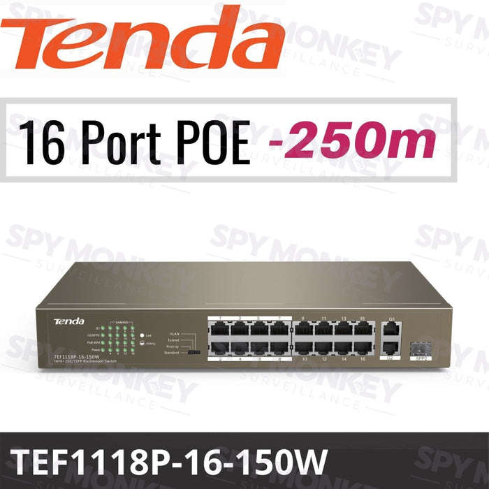 Tenda 16 Port GB Desktop - TEG1116P-16-150W - Smart Managed Switch with POE