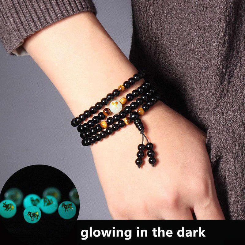 108 Beads Black Onyx Luminous Yoga Dragon Mala Bracelet Multilayer Vintage Beaded Bracelet