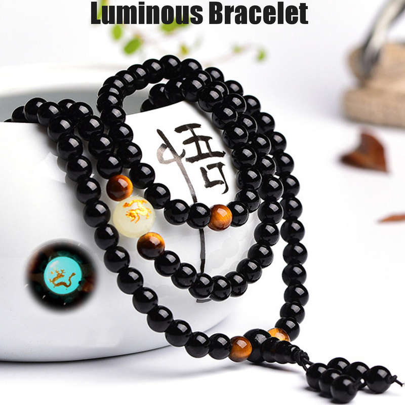 108 Beads Black Onyx Luminous Yoga Dragon Mala Bracelet Multilayer Vintage Beaded Bracelet