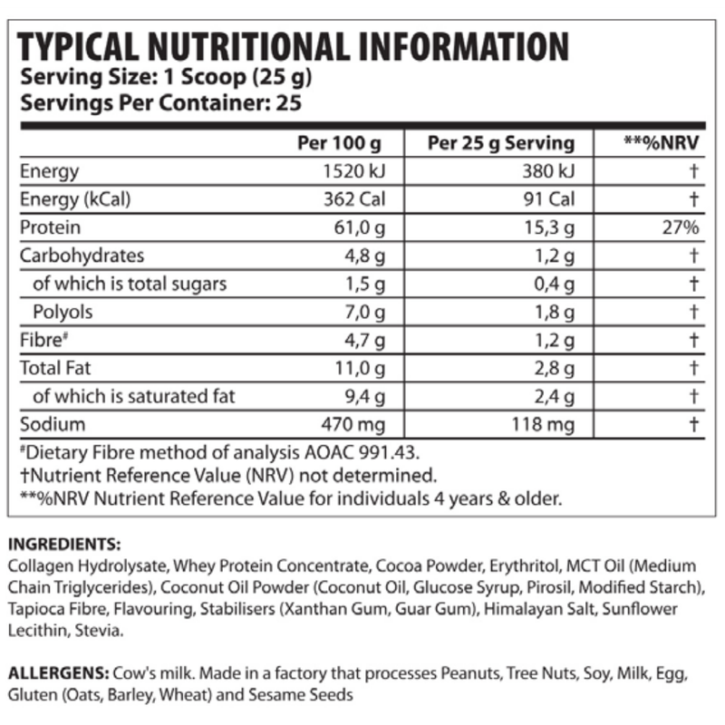 Youthful Living Keto Collagen Protein Shake 625g - Nutritional Information