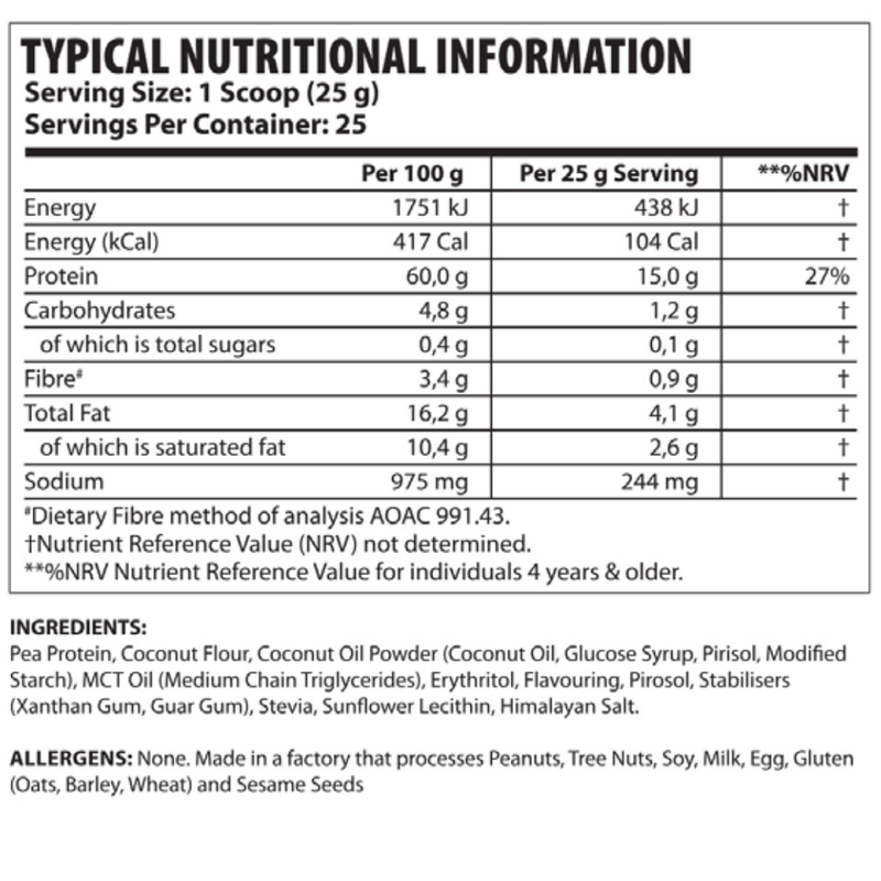 Youthful living Keto Vegan Protein Shake 625g - Nutritional Information