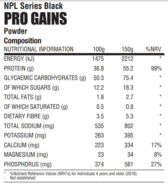 NPL Pro Gains 4kg - Nutritional Information