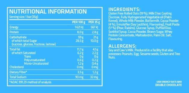 USN Energy Oats Bar 35g - Nutritional Information