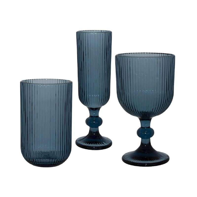 Blue Ribbed Wine Glass