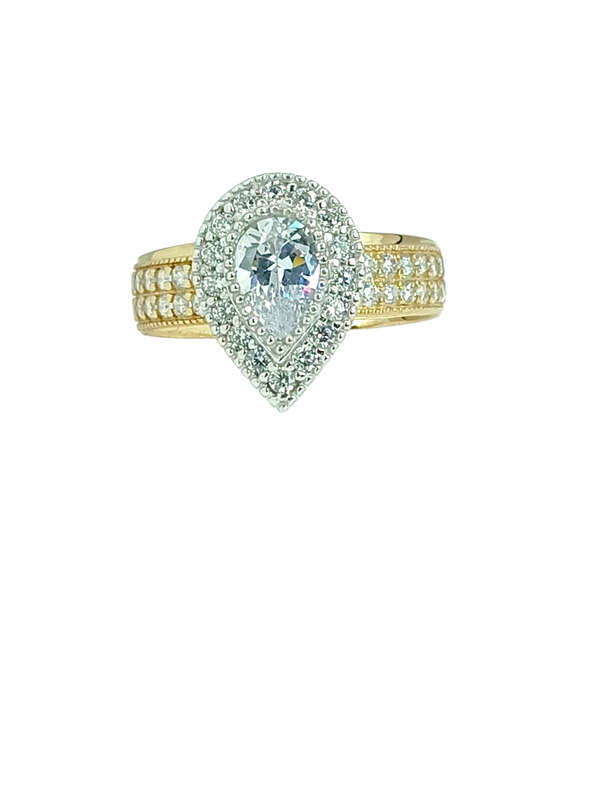 9ct Gold Pear Cut Halo Cubic Engagement Wedding Ring Size O 1604534
