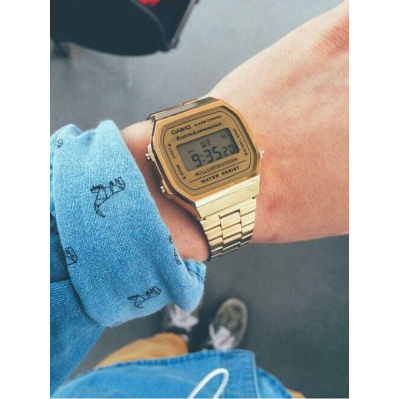 Casio Retro Digital Watch A168WG-9WDF Gold Dial On Gold Stainless Steel