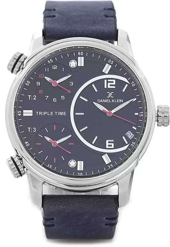 Daniel Klein Premium Watch Tripple Time DK11065-8 Stainless Steel Head With Black Dial On Faded B...