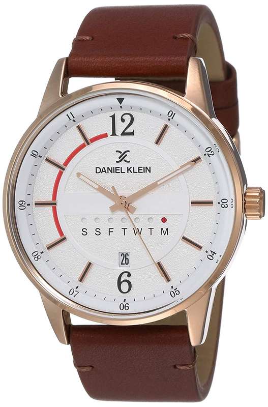 Daniel Klein Watch DK11650-3 Rose Plated Stainless Steel Head With White Dial On Brown Leather