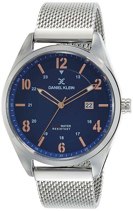 Daniel Klein Watch DK11743-1 Silver On Silver Mesh With Rose Markers On Blue Dial