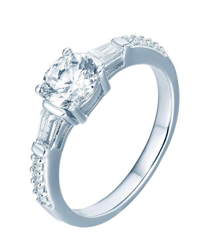 Sterling Silver Solitaire Claw Set Engagement Wedding Ring With Baguettes On Shoulders SR00002