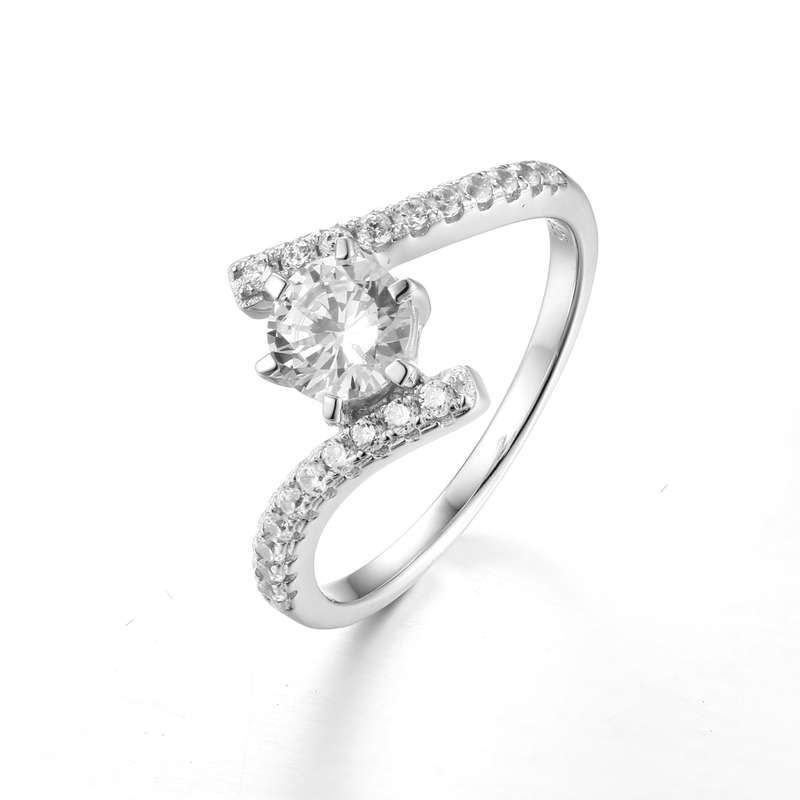 Sterling Silver Solitaire Claw Set Engagement Wedding Ring With Rounds On Band SR00004