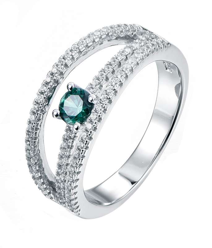 Sterling Silver Tripple Split Band Engagement Wedding Ring With Emerald Green Center And Rounds O...