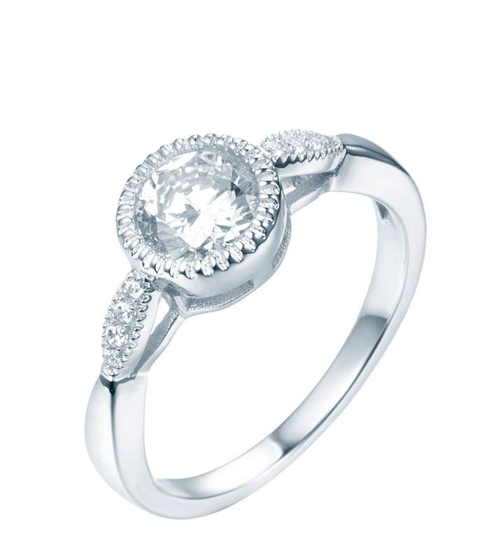 Sterling Silver Halo Solitaire Engagement Wedding Ring With Cubic Zirconia Shoulders SR00012