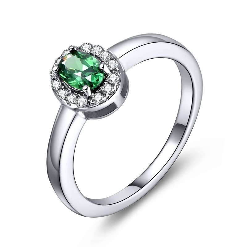Sterling Silver Emerald Green Oval Halo Solitaire Engagement Wedding Ring