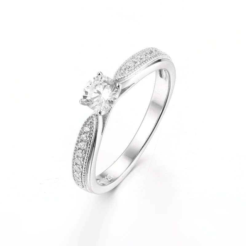 Sterling Silver Milgrain Design Solitaire Claw Set Engagement Wedding Ring With Rounds On Band SR...