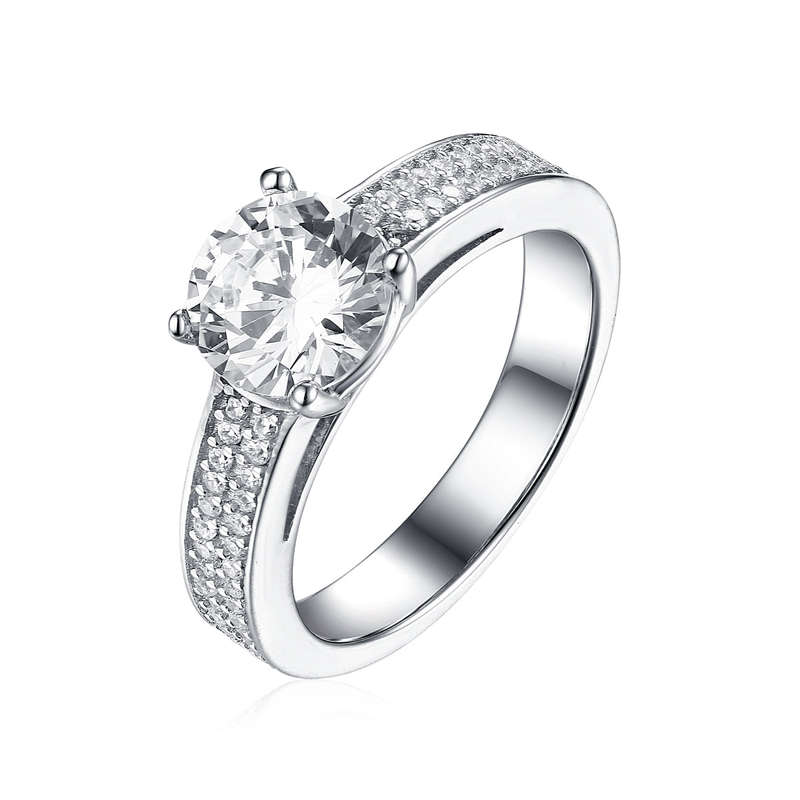 Sterling Silver Solitaire Claw Set Engagement Wedding Ring With Double Row Rounds On Band SR00028