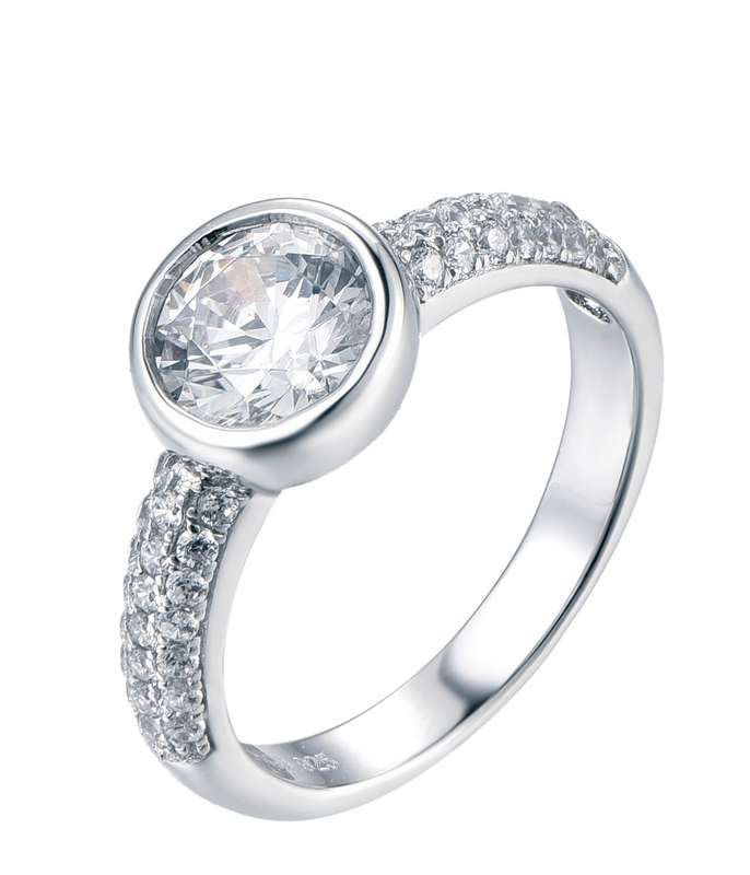 Sterling Silver Solitaire Tube Set Engagement Wedding Ring With Smalls On Band SR00036
