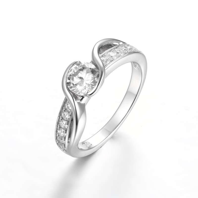 Sterling Silver Solitaire Wavy Engagement Wedding Ring With Smalls On Band SR00037