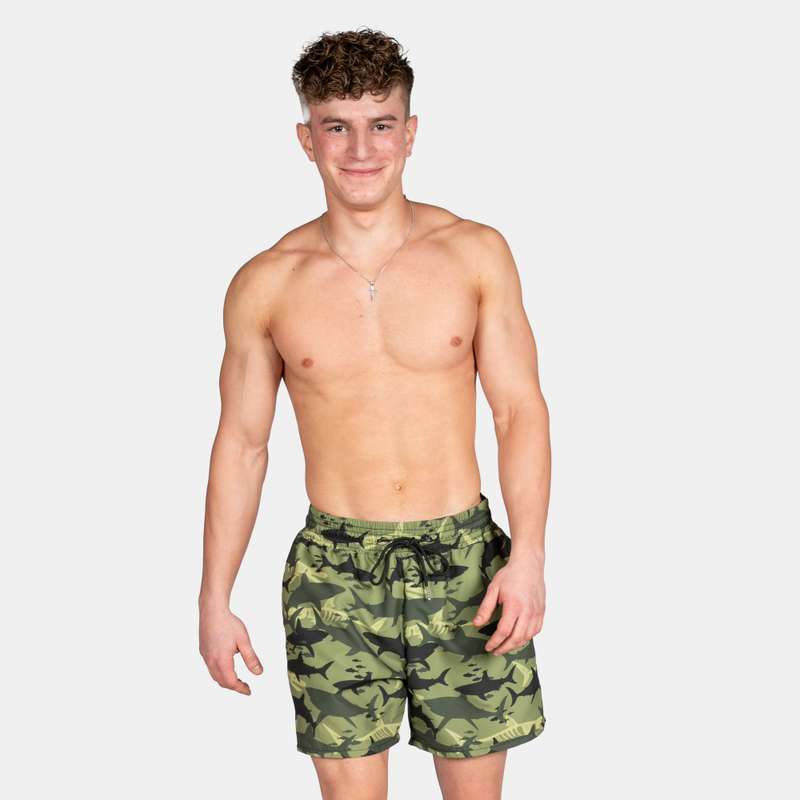 Men's Camo Shark Design Swim Shorts with Drawstring