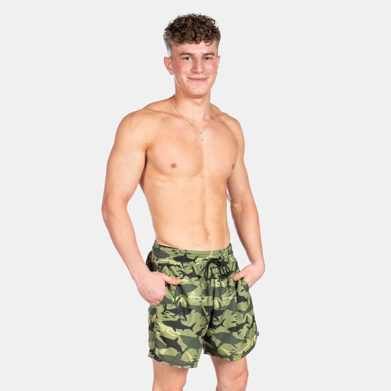 Men's Camo Shark Design Swim Shorts with Drawstring